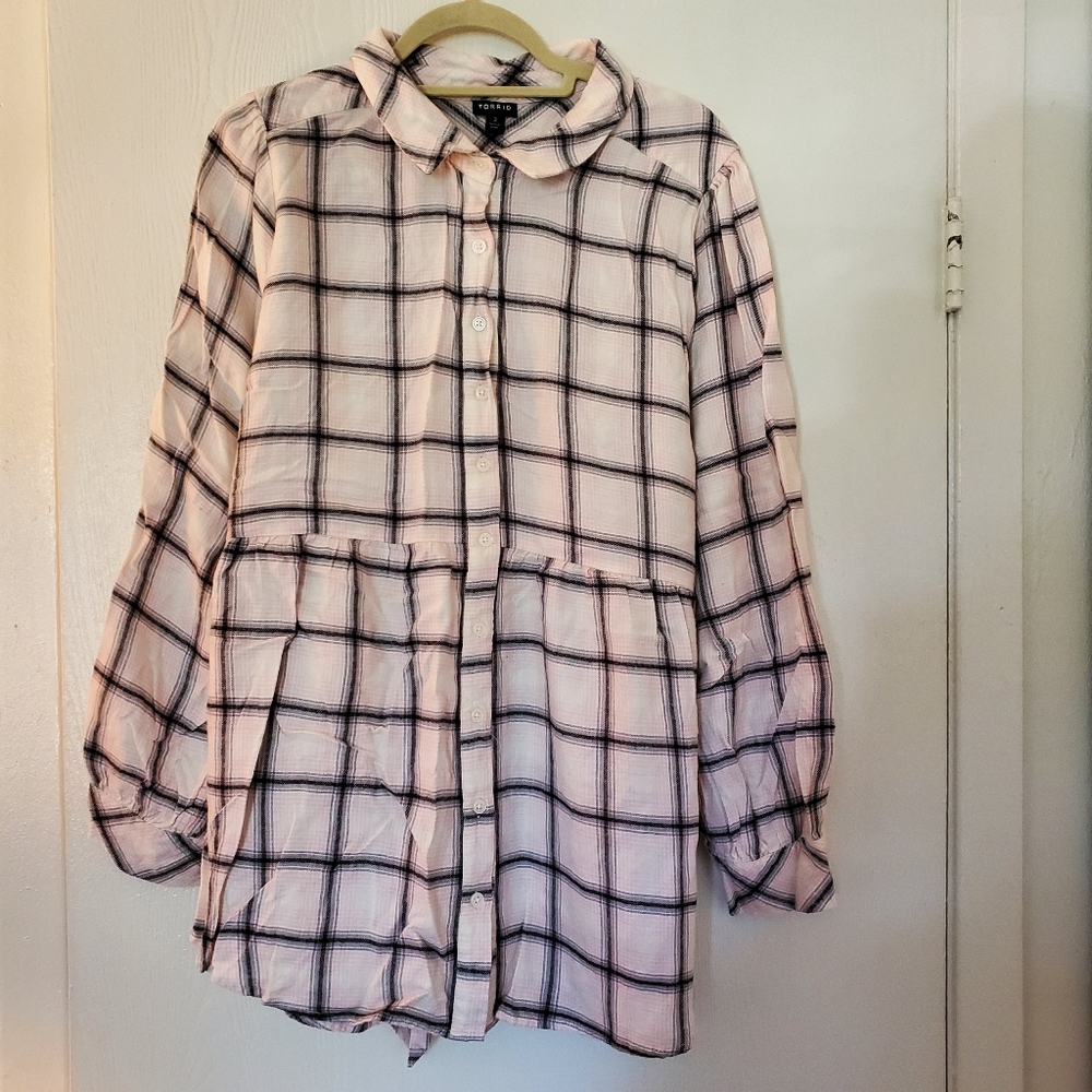 Torrid Pink Plaid Button-Up Shirt With Tie Back